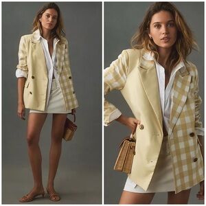 Anthropologie Avec Les Filles Mixed Gingham Blazer Jacket in Yellow Combo MP EUC